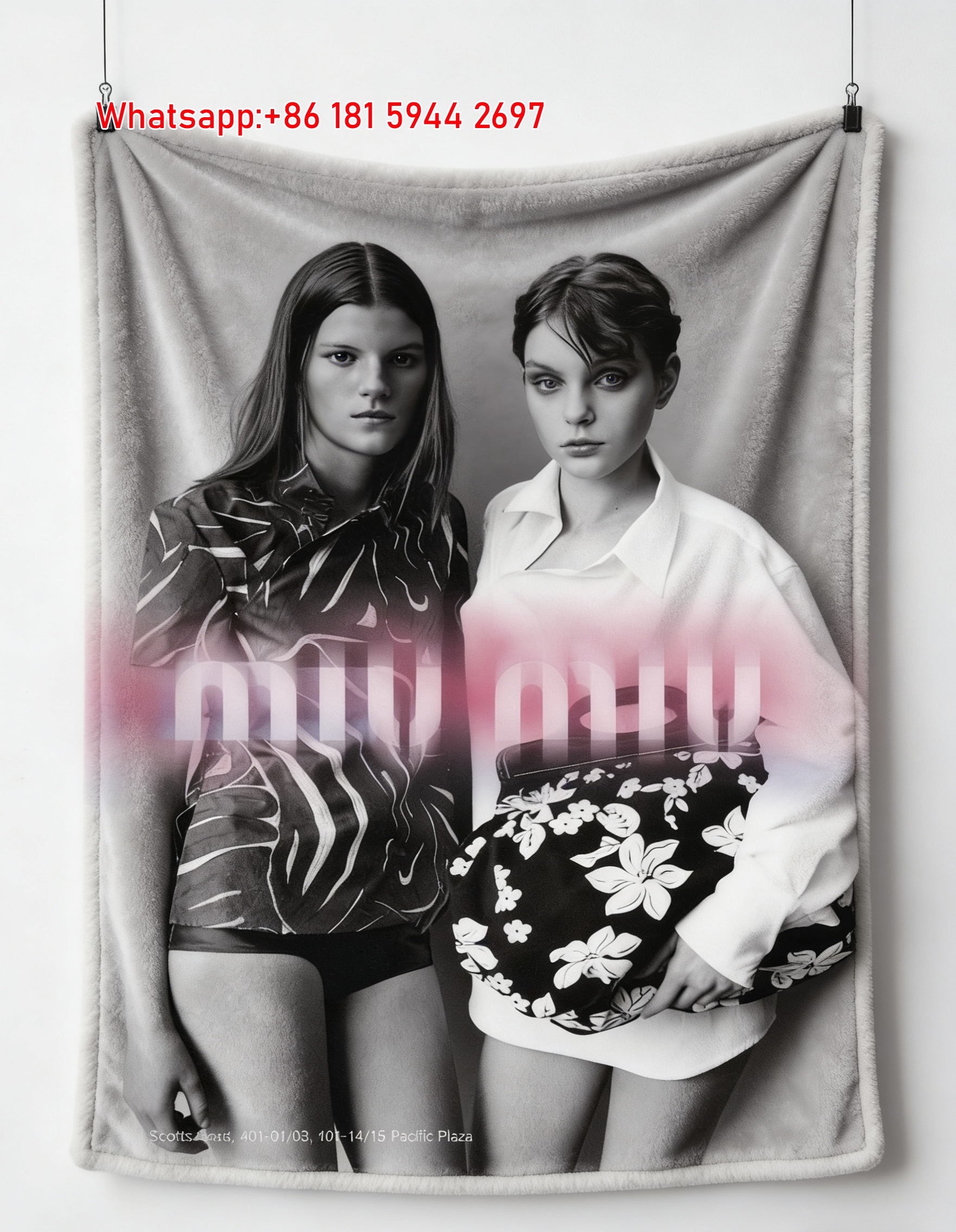 Miu Miu Black & White With Pink Gradient Logo Printed Flannel Sofa Throw Blanket IMG_0477